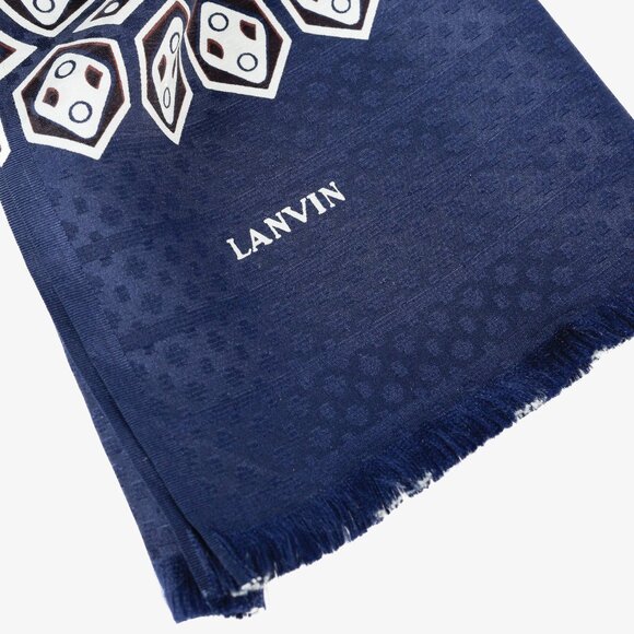 Lanvin Navy Geometric Print Fringe Silk Vintage Scarf - Picture 2 of 4